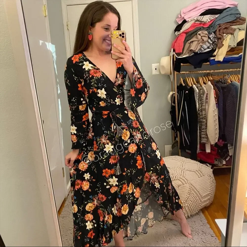 FARM Rio Brazil Black Floral Wrap Front Long Sleeve Maxi Dress Tropical XS - Picture 12 of 16